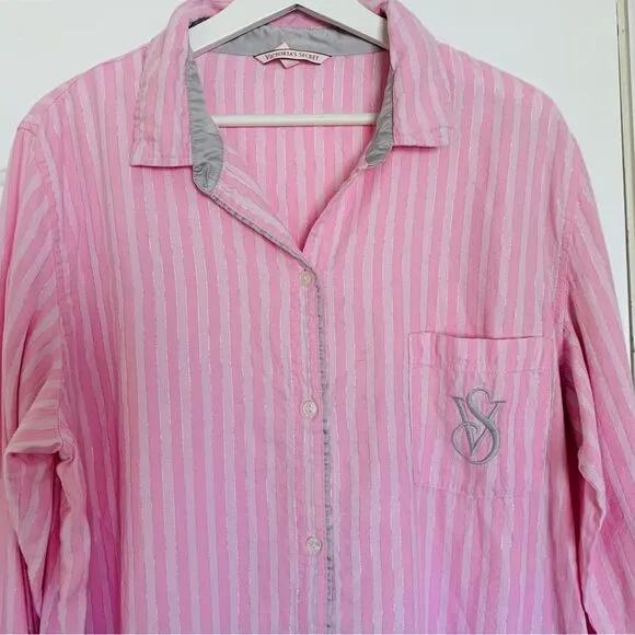 Victoria's Secret Women's Pink Striped Pajama Sleep Shirt Dress Nightgown | L