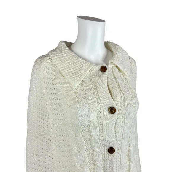 Vintage 70s Cape Women's Small White Acrylic Sweater Poncho Fringe Hem