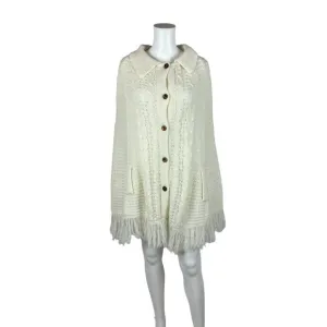 Vintage 70s Cape Women's Small White Acrylic Sweater Poncho Fringe Hem