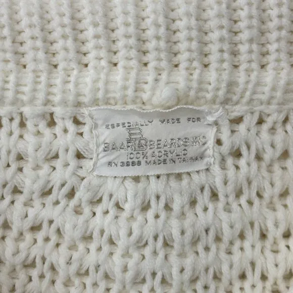 Vintage 70s Cape Women's Small White Acrylic Sweater Poncho Fringe Hem