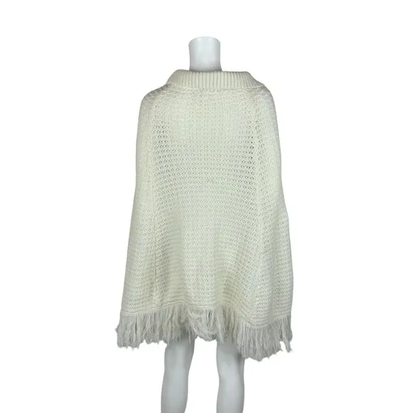 Vintage 70s Cape Women's Small White Acrylic Sweater Poncho Fringe Hem