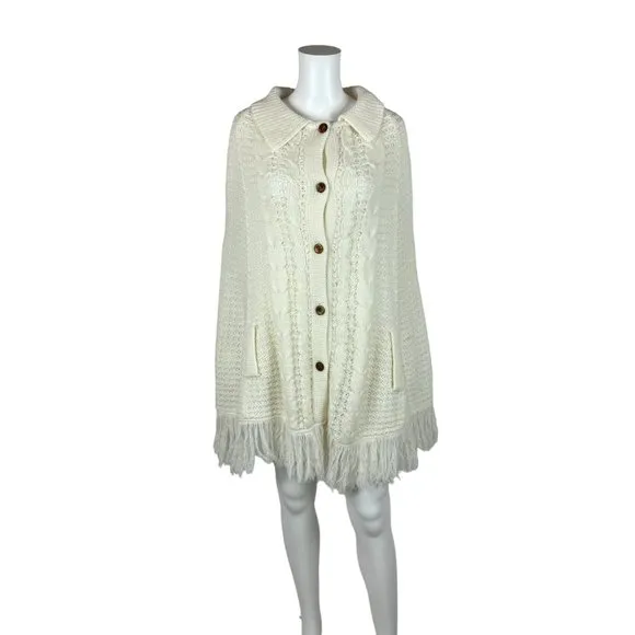 Vintage 70s Cape Women's Small White Acrylic Sweater Poncho Fringe Hem