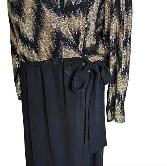 Vintage 70s Lizzy Johnny Gold Black Metallic Chevron Wrap Dress Size 16 Chiffon