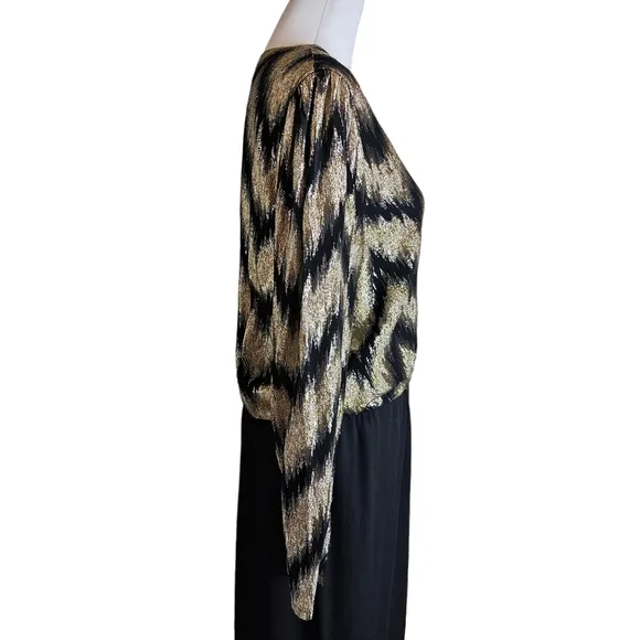 Vintage 70s Lizzy Johnny Gold Black Metallic Chevron Wrap Dress Size 16 Chiffon