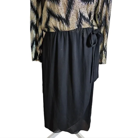 Vintage 70s Lizzy Johnny Gold Black Metallic Chevron Wrap Dress Size 16 Chiffon