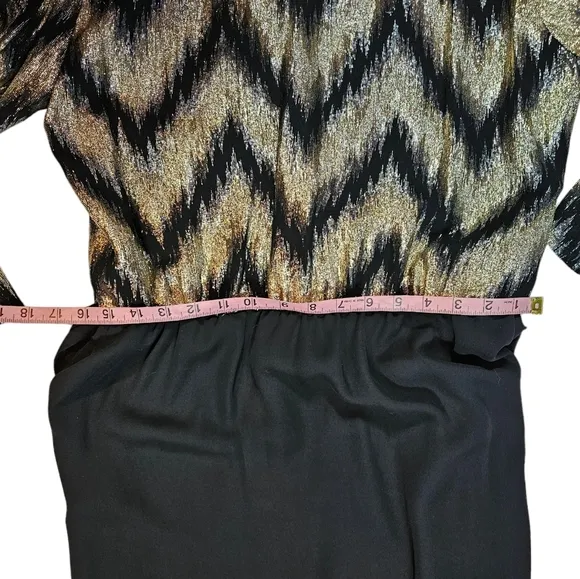 Vintage 70s Lizzy Johnny Gold Black Metallic Chevron Wrap Dress Size 16 Chiffon