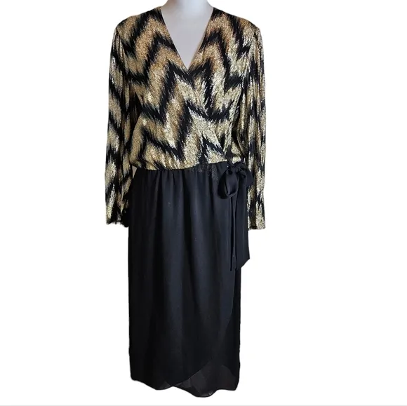 Vintage 70s Lizzy Johnny Gold Black Metallic Chevron Wrap Dress Size 16 Chiffon
