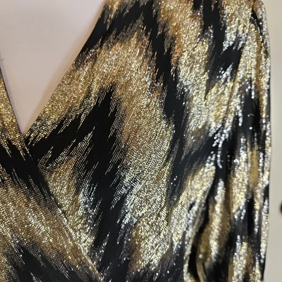 Vintage 70s Lizzy Johnny Gold Black Metallic Chevron Wrap Dress Size 16 Chiffon