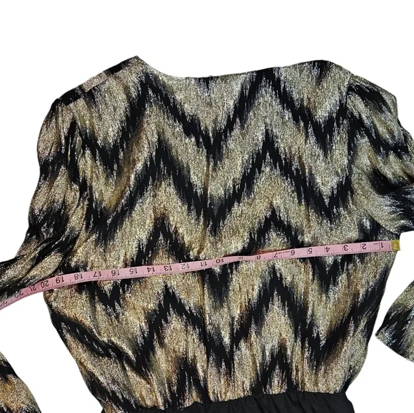 Vintage 70s Lizzy Johnny Gold Black Metallic Chevron Wrap Dress Size 16 Chiffon