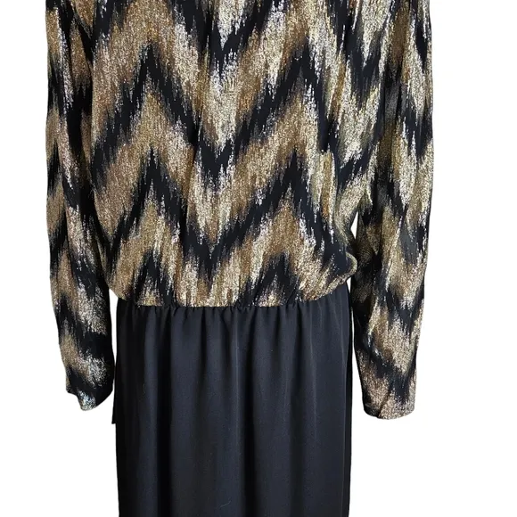 Vintage 70s Lizzy Johnny Gold Black Metallic Chevron Wrap Dress Size 16 Chiffon