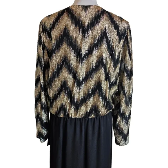 Vintage 70s Lizzy Johnny Gold Black Metallic Chevron Wrap Dress Size 16 Chiffon