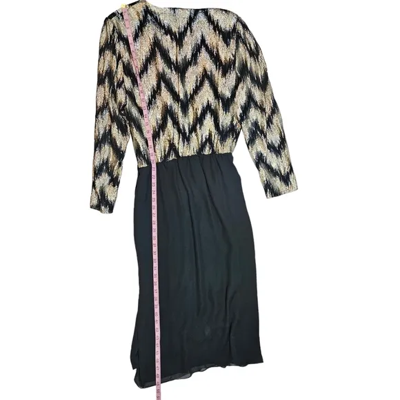 Vintage 70s Lizzy Johnny Gold Black Metallic Chevron Wrap Dress Size 16 Chiffon