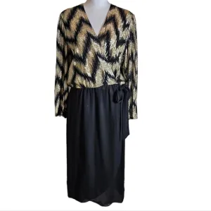 Vintage 70s Lizzy Johnny Gold Black Metallic Chevron Wrap Dress Size 16 Chiffon