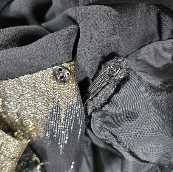 Vintage 70s Lizzy Johnny Gold Black Metallic Chevron Wrap Dress Size 16 Chiffon
