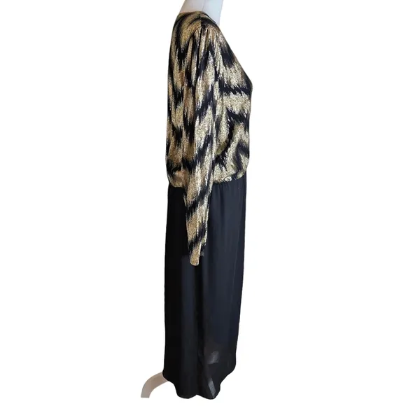 Vintage 70s Lizzy Johnny Gold Black Metallic Chevron Wrap Dress Size 16 Chiffon