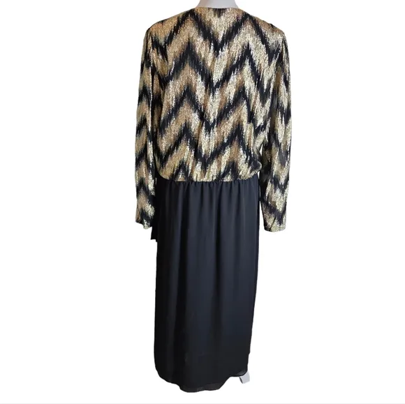 Vintage 70s Lizzy Johnny Gold Black Metallic Chevron Wrap Dress Size 16 Chiffon