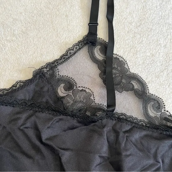 Vintage 80s Ashley Taylor Sz Medium Lingerie Satin Lace High Cut Bodysuit Black
