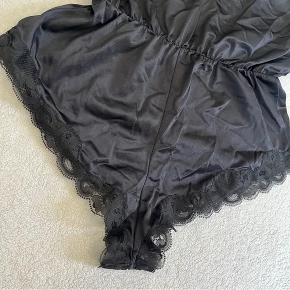 Vintage 80s Ashley Taylor Sz Medium Lingerie Satin Lace High Cut Bodysuit Black