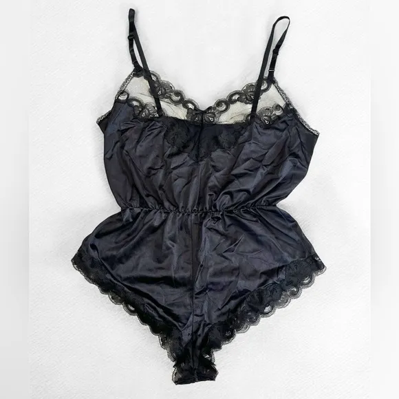 Vintage 80s Ashley Taylor Sz Medium Lingerie Satin Lace High Cut Bodysuit Black