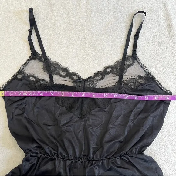 Vintage 80s Ashley Taylor Sz Medium Lingerie Satin Lace High Cut Bodysuit Black