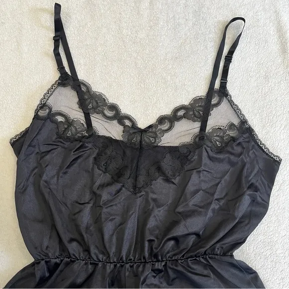Vintage 80s Ashley Taylor Sz Medium Lingerie Satin Lace High Cut Bodysuit Black