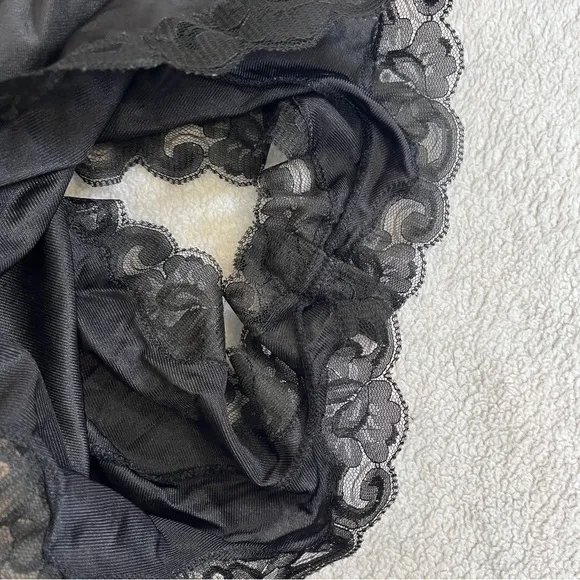 Vintage 80s Ashley Taylor Sz Medium Lingerie Satin Lace High Cut Bodysuit Black