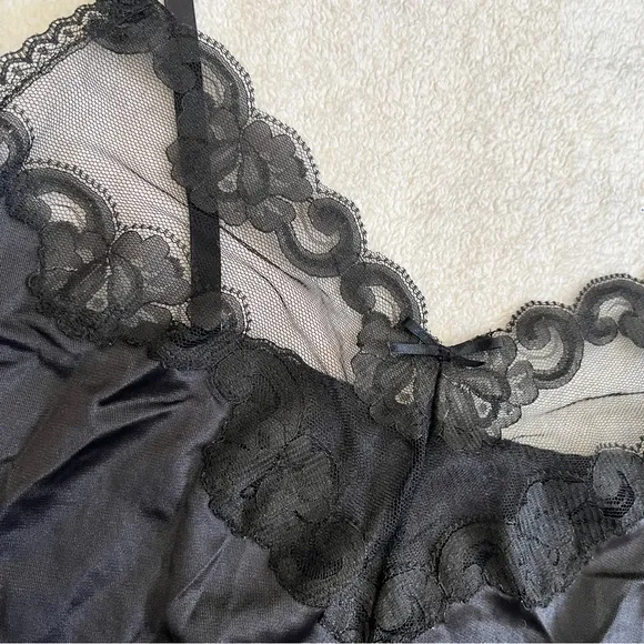 Vintage 80s Ashley Taylor Sz Medium Lingerie Satin Lace High Cut Bodysuit Black