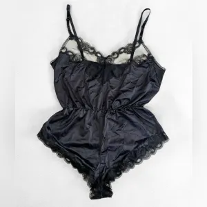 Vintage 80s Ashley Taylor Sz Medium Lingerie Satin Lace High Cut Bodysuit Black