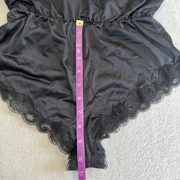 Vintage 80s Ashley Taylor Sz Medium Lingerie Satin Lace High Cut Bodysuit Black