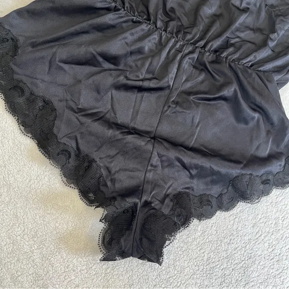 Vintage 80s Ashley Taylor Sz Medium Lingerie Satin Lace High Cut Bodysuit Black