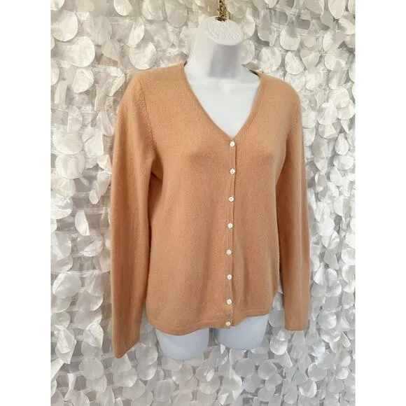 Vintage 90’s 100% Cashmere Apricot Womans Medium Cardigan Sweater 2 Ply