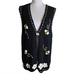 Vintage 90s Bumblebee Daisy Knit Vest Sz XL ? 3D Beaded Boho Grannycore Cottage