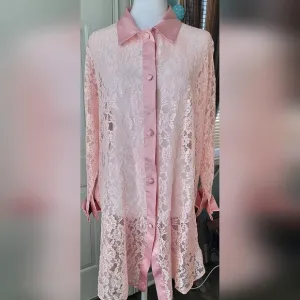 Vintage 90's Victoria's Secret Lace Button-Up Night Shirt Women's M/L Pink Satin