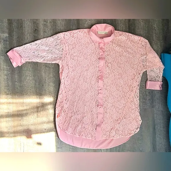 Vintage 90's Victoria's Secret Lace Button-Up Night Shirt Women's M/L Pink Satin