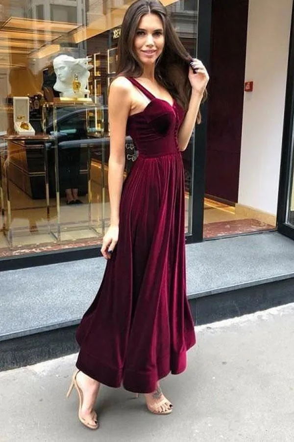 Vintage A-Line Spaghetti Straps Burgundy Velvet Prom Dresses  TP0835