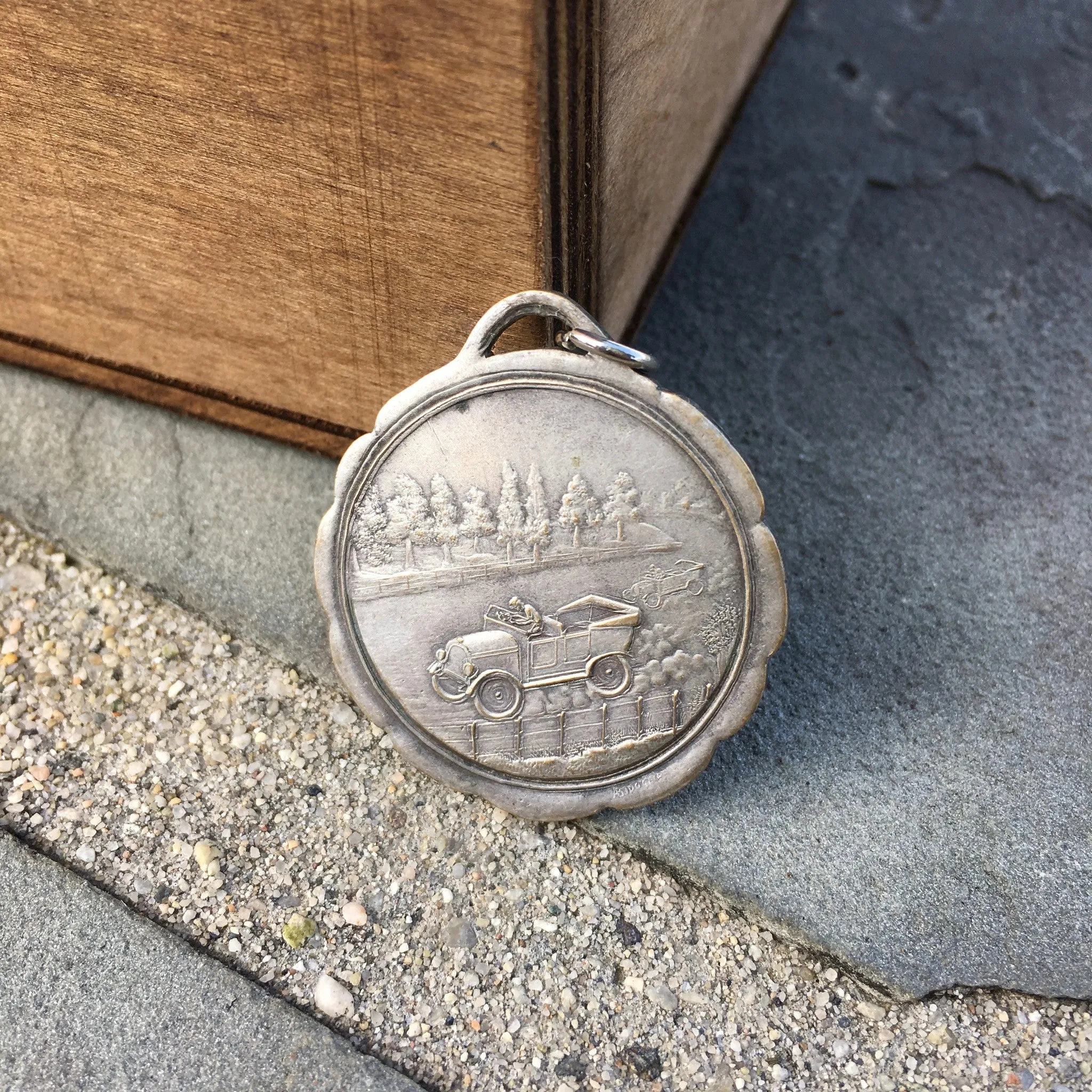 Vintage Antique Silver Racing Scene Pendant Circa Early 1900's