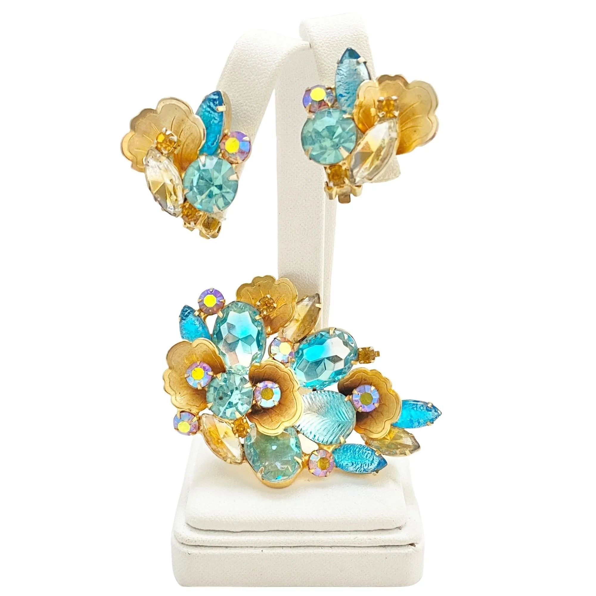 Vintage Aqua and Aurora Borealis Gold Leaf Brooch