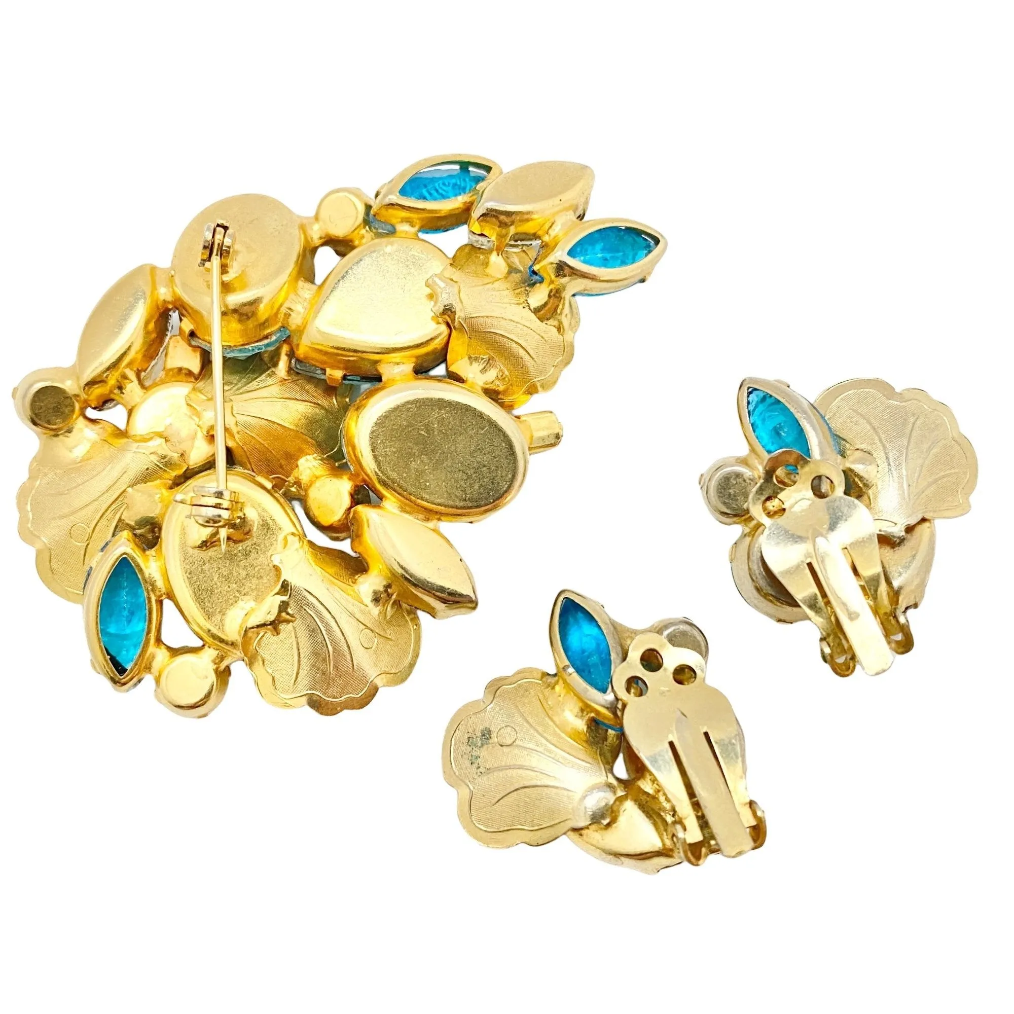 Vintage Aqua and Aurora Borealis Gold Leaf Brooch