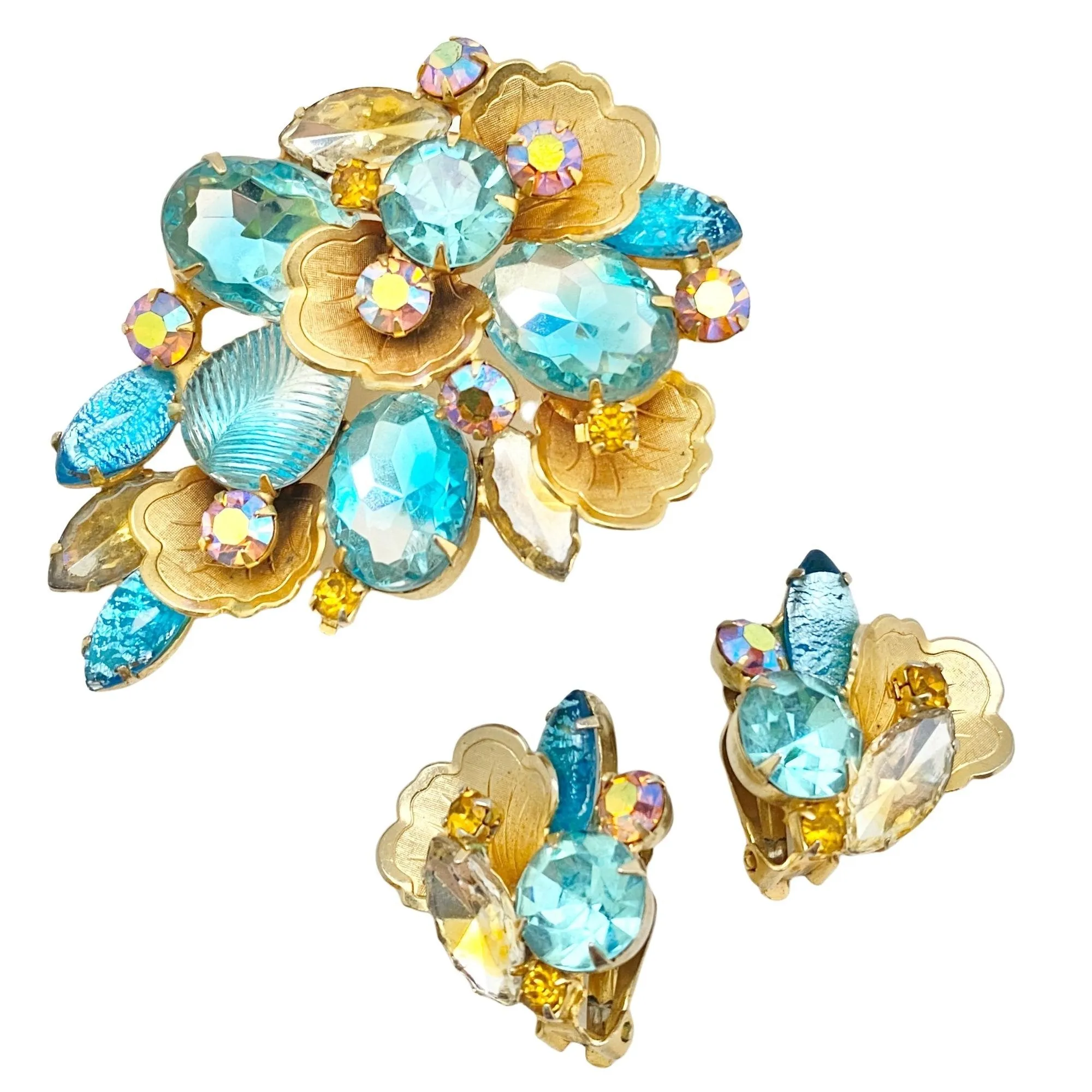 Vintage Aqua and Aurora Borealis Gold Leaf Brooch