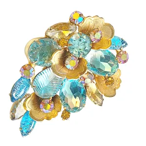 Vintage Aqua and Aurora Borealis Gold Leaf Brooch