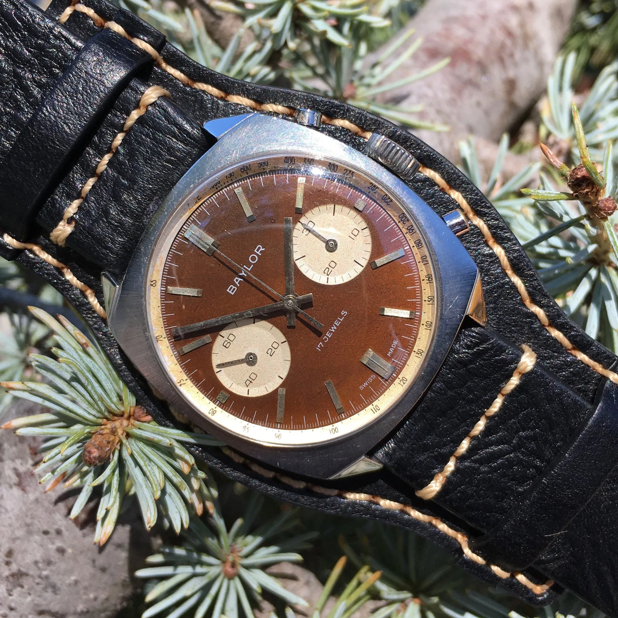 Vintage Baylor Steel Chronograph Venus 210 Brown Tropical Manual Wristwatch