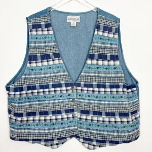 Vintage Bedford Fair Denim Vest 90's Patchwork Mixed Layered Prints Size 3X