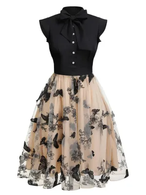 Vintage Belle™ | Women's Black Butterfly Patchwork Dress | Retro Style, Lightweight Fabric & Flattering Fit
