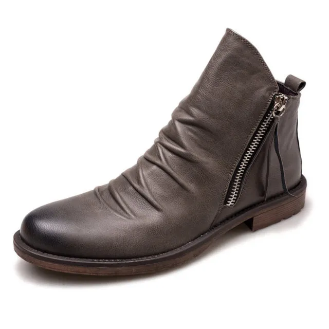 Vintage British Men Leather Shoes Casual Round Toe Ankle Boots