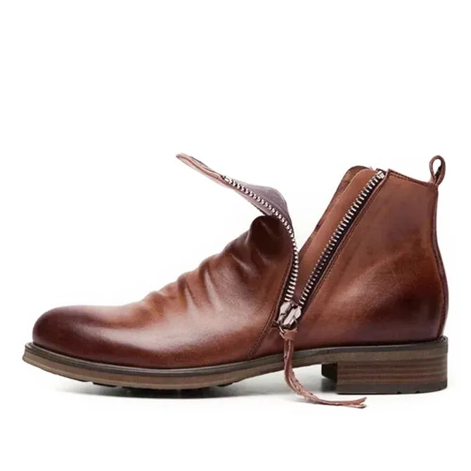 Vintage British Men Leather Shoes Casual Round Toe Ankle Boots