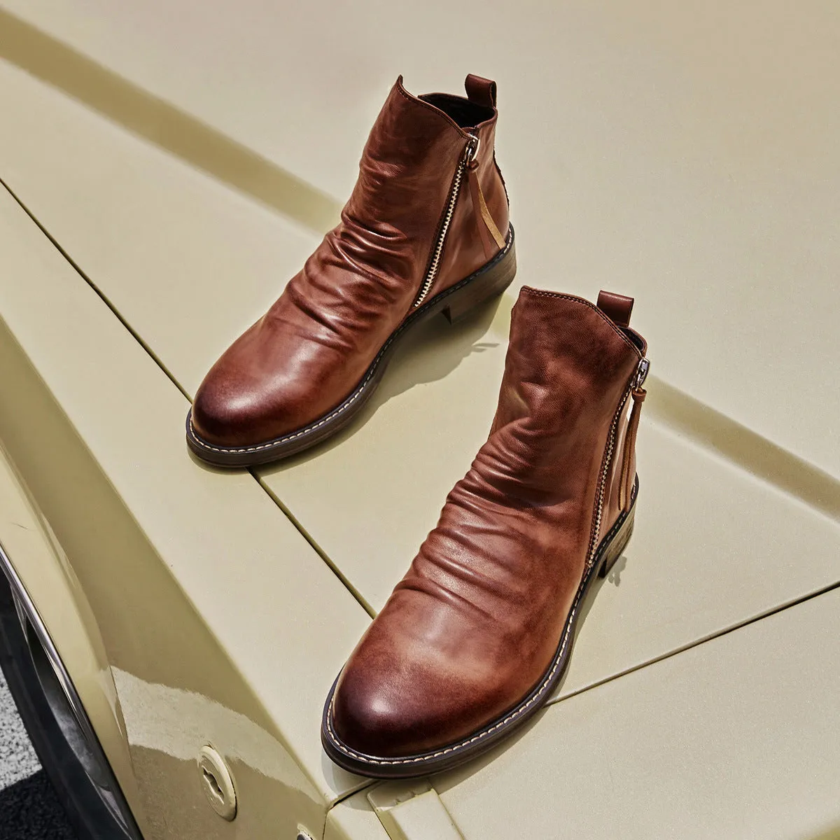 Vintage British Men Leather Shoes Casual Round Toe Ankle Boots