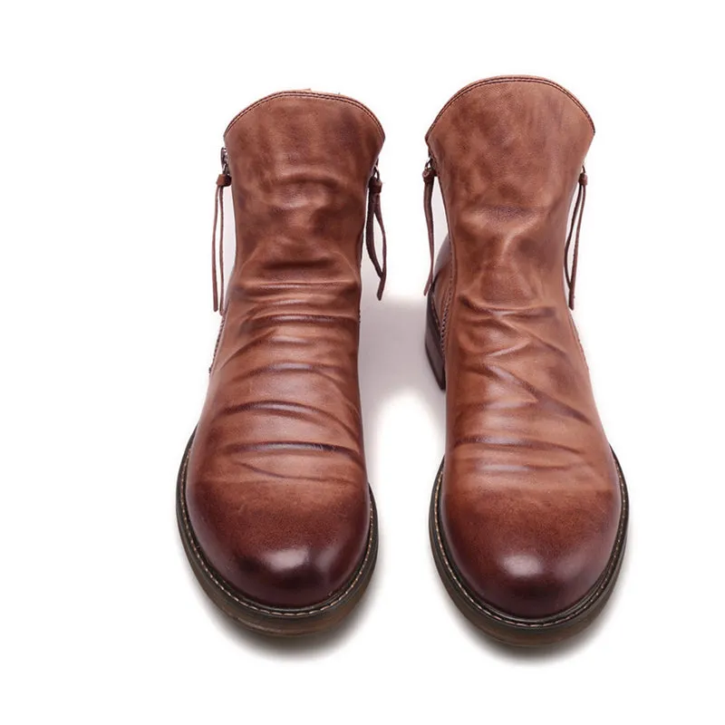 Vintage British Men Leather Shoes Casual Round Toe Ankle Boots