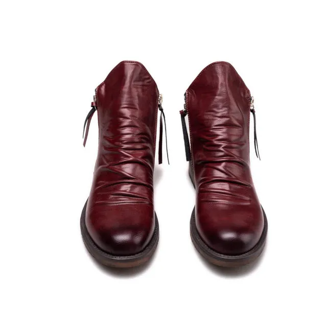 Vintage British Men Leather Shoes Casual Round Toe Ankle Boots