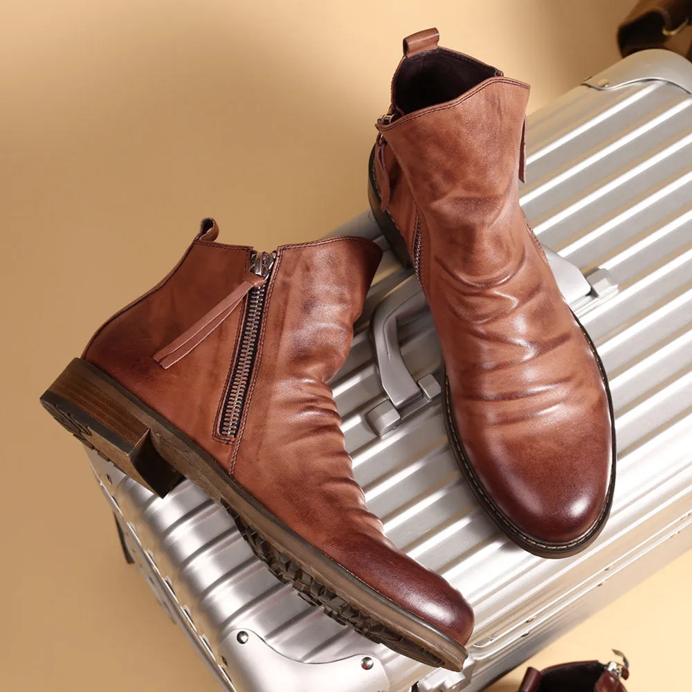 Vintage British Men Leather Shoes Casual Round Toe Ankle Boots