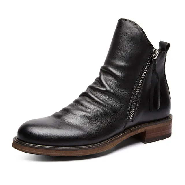 Vintage British Men Leather Shoes Casual Round Toe Ankle Boots